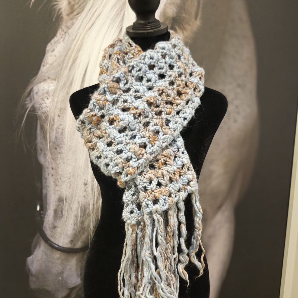 Handmade Crochet Scarf in Blue and Tan